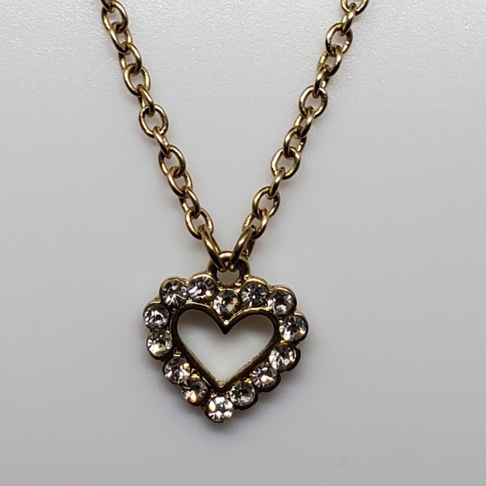 Gold Tone Small Rhinestone Heart Necklace Pendant
